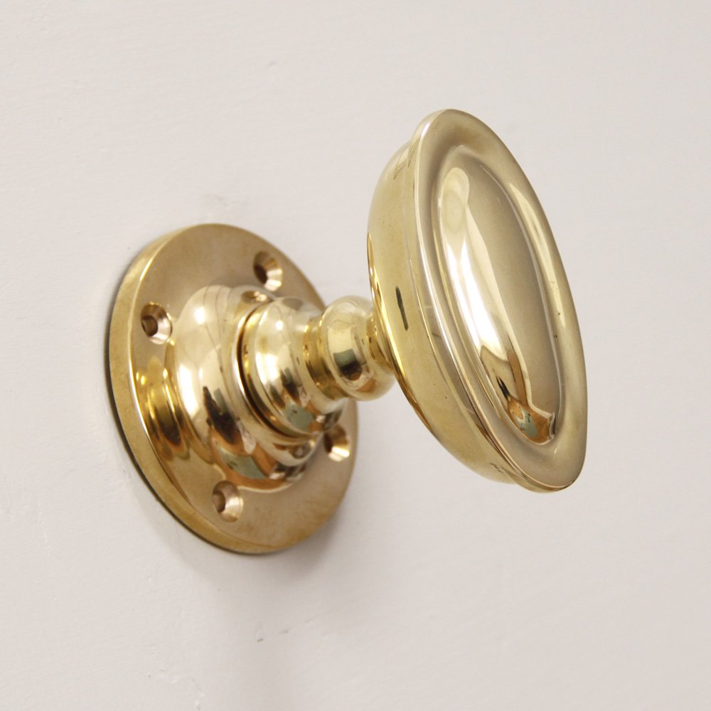 Oval Door Knobs on Square Back Plate (Pair) - Polished Brass